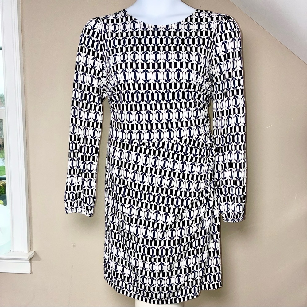 Boden Faux Wrap Dress Geometric Print Long Sleeve Black Navy White US 16/18 NWT
